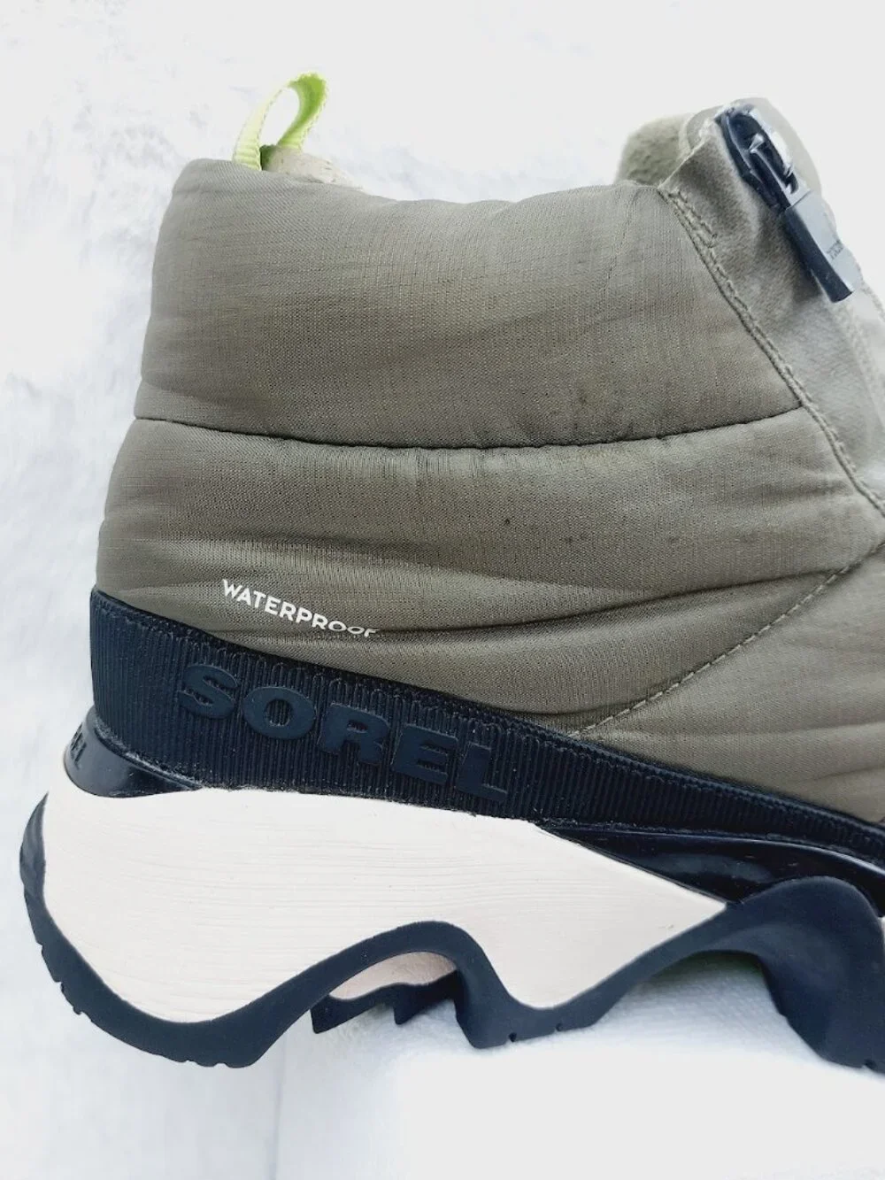 Sorel Women's Stone Green Black Kinetic Impact Puffy Zip Waterproof Boots Size 8